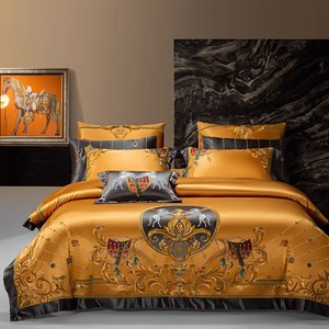 Ensemble <span class=keywords><strong>de</strong></span> literie en <span class=keywords><strong>satin</strong></span> doré luxueux, jacquard équestre et broderie, ensemble <span class=keywords><strong>de</strong></span> couette taille King - Product Image 5