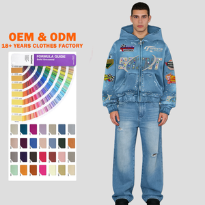 Sweat-shirt unisexe surdimensionné en molleton lourd avec impression DTG et patch brodé personnalisé, streetwear et pantalon en denim, ensemble de survêtement - Product Image 1