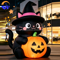 Chat noir gonflable géant d'Halloween avec chapeau de sorcière et citrouille pour centre commercial, jardin, fête, décoration extérieure de vacances avec souffleur