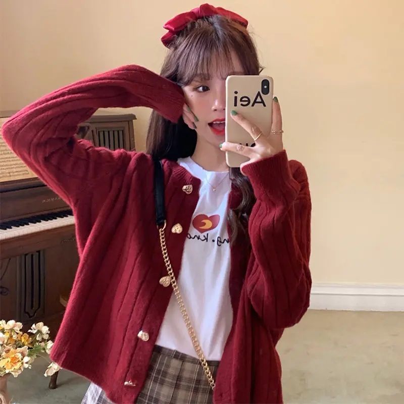 Women's red hearts knitted cardigan short autumn and winter new Korean loose slim sweater