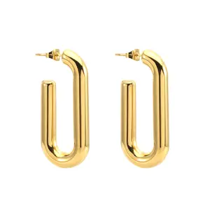 Fashion Wholesale Chunky Geometrical Hoops Brass18k Gold Plated Thick Oval Rectangle Hoop Earrings
