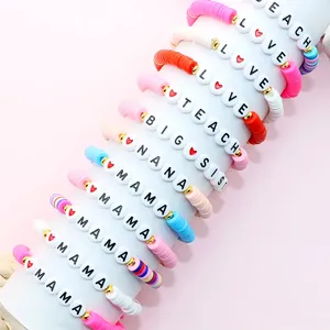 Custom Bohemian Colorful Teacher Mon Friends Gift Inspired Design Polymer Clay Letter Bracelet With Heart bead