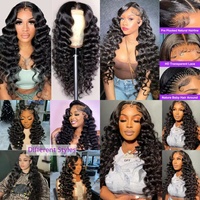 Perruques Lace Frontal HD 13x6 de 40 pouces, sans colle, pré-épilées, en cheveux humains Remy vierges, ondulations profondes lâches, pour femmes noires
