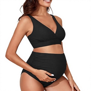 Conjunto de Bikini de Maternidad Negro Sólido Personalizado OEM, Traje de Baño de Dos Piezas para Embarazo, Cintura Alta, Soporte para el Vientre, Traje de Baño de Lactancia - Product Image 3