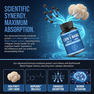 Capsules de complexe de champignons <span class=keywords><strong>Lion</strong></span>'s <span class=keywords><strong>Mane</strong></span> avec extrait de poivre noir, complément alimentaire pour la concentration cérébrale, la mémoire et la clarté mentale - Product Image 3