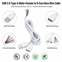 Kabel USB 2.0 Kustom Tipe-A Male Female Dual Head 8-Core Berkode Warna PVC Konduktor Tembaga Berlapis Timah Kabel Kawat Telanjang Industri DIY Panjang Sesuai Kebutuhan