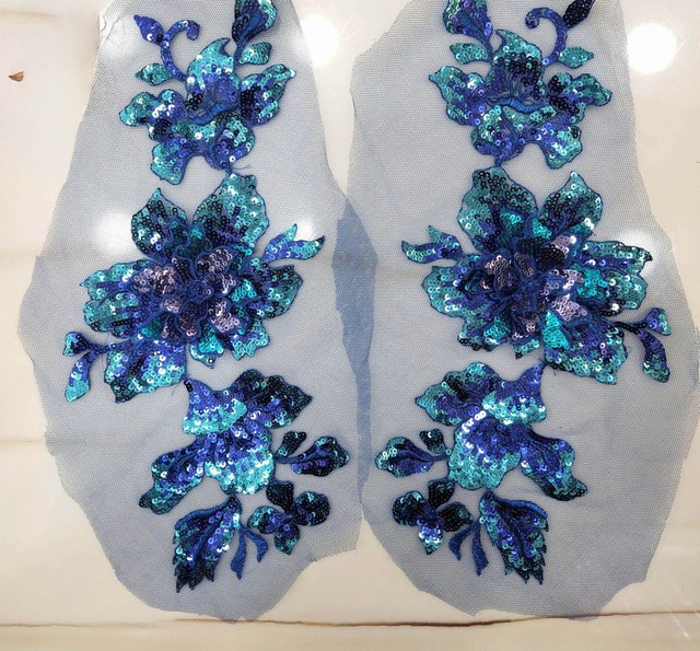 3D Sequin Lace Embroidery Appliques 1 Pair Polyester Mesh Floral Patches for Wedding Dress Evening Gown DIY Decoration
