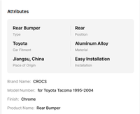 Pare-chocs arrière universel pour Toyota Tacoma 1995 1996 1997 1998 1999 2000 2001 2002 2003 2004 Pare-chocs arrière en aluminium
