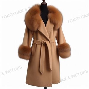 Produttori di <span class=keywords><strong>abbigliamento</strong></span> personalizzato cappotto in lana a doppia faccia con collo in pelliccia di volpe con cintura da donna con polsini in peluche giacca in vera pelliccia da donna - Product Image 2