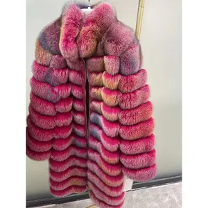 Veste longue en vraie fourrure de renard colorée de haute qualité pour femme, manteaux d'hiver en fourrure duveteuse véritable de luxe pour dames
