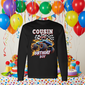 T-shirt à manches longues Cousin Of The Birthday Boy Monster Truck, chemise de fête d'anniversaire - Product Image 3