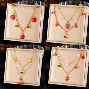 Fruit Pendant Necklace Zinc Alloy Multi-layer Apple Strawberry Cherry Design Party Jewelry - Product Image 1