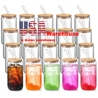 Entrepôt États-Unis Verres à Bière et Café Glacé de 16oz 18oz, Tasses en Verre Borosilicate en Forme de Canette avec Couvercle en Bambou et Paille en Verre