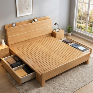 Modern Solid Teak Wood Storage Platform <b>Bed</b> <b>Frame</b> with Drawers Scandinavian Style Customizable Color & Size Bedroom Furniture - Product Image 2
