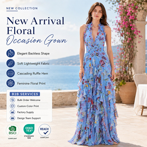 Abito da sera da donna all'ingrosso con stampa floreale, scollo all'americana, blu, a strati, in chiffon con volant, per <span class=keywords><strong>ballo</strong></span> <span class=keywords><strong>di</strong></span> <span class=keywords><strong>fine</strong></span> <span class=keywords><strong>anno</strong></span>, feste e resort - Product Image 2