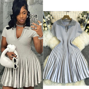 Pronto per la spedizione di moda da ballo autunno taglia libera in maglia elegante Polo con stampa a righe abito da donna OuYaan - Product Image 2