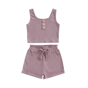 Bamboo Cotton Ribbed Kids Sets 2 Piece Wholesale Girls Clothing Sets Knit Kids Tank Top And Shorts Outfit Children Clothes Set