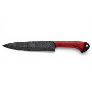 Couteau utilitaire artisanal en acier Damas avec manche personnalisé en bois Pakka rouge, lame fixe, couteau de cuisine pour trancher et travaux manuels, avec trou pour cordon - Product Image 1