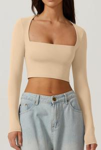 T-shirt à manches longues pour <span class=keywords><strong>femme</strong></span>, style sexy, col carré décolleté, <span class=keywords><strong>crop</strong></span> <span class=keywords><strong>top</strong></span> uni pour le printemps et les soirées en boîte de nuit - Product Image 2
