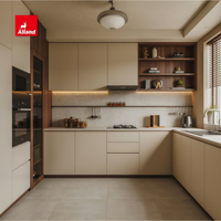 Armoires de cuisine modernes haut de gamme Alland, en contreplaqué, finition laquée, armoires de cuisine personnalisées, éclairage LED intégré aux armoires murales pour la maison
