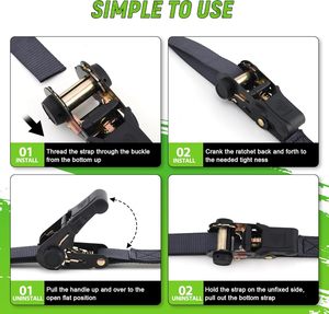 Lot de 4 sangles d'arrimage à <span class=keywords><strong>cliquet</strong></span> de 1 pouce x 15 pieds avec boucles souples de 15 pouces, résistance à la rupture pour moto, camion, cargaison - Product Image 3