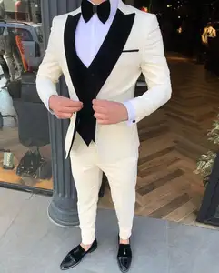 Elegante Elfenbein Herrenanzüge Bräutigam-Outfit Slim Fit Hochzeitsanzug Formeller Anzug Schwarze Weste Business Abschlussball Party Jacke Weste Hose 3-teilig - Product Image 1