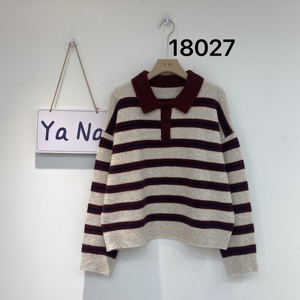 Women's Striped Polo Neck Sweater Wool Blend Casual Knit Pullover, Vintage <strong>Red</strong> Beige <strong>Jumper</strong>, Long Sleeve Loose Top for Winter - Product Image 6