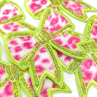 Patch brodé personnalisé DIY imprimé léopard, rose et vert, avec nœud exquis, pour décoration de doudoune et sac à dos