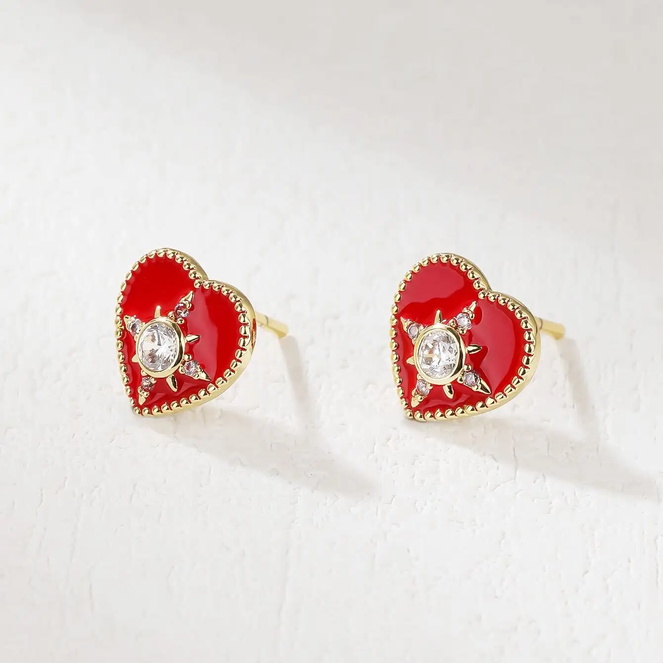 VFOOK Heart Earring 14K 18K Gold Plated Stud Earrings Diamond Cubic Zirconia Studs Earring For Women Brass Jewelry