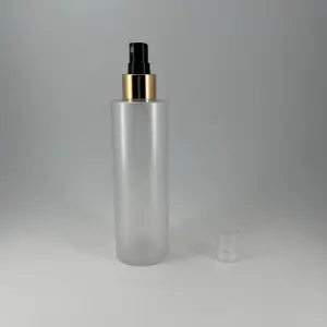 Toptan buzlu PET kozmetik konteyner 250ml plastik parfüm şişesi 24/410 püskürtücü alüminyum sis püskürtme pompası ambalaj
