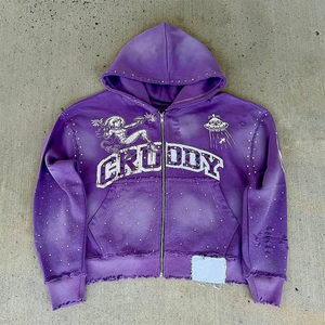 Custom Streetwear Rhinestone Pullover Hoody Jacket Print Oversized <b>French</b> Terry Heavyweight <b>Vintage</b> Acid Wash Distressed Hoodie - Product Image 1