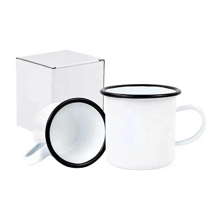 Sublimation enamel mug Chinese style camping coffee mug steel enamel metal sublimation blank white mugs with black rim