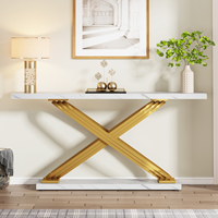 Tribesigns Table console moderne en bois de 140 cm (55 pouces) pour entrée, luxe, blanc et or avec plateau en marbre, meubles de salon