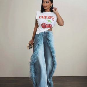 Jeans de Mezclilla de Pierna Recta para Mujer, Estilo Europeo Americano, con Borde de Piel Decorativo, Pantalones Casuales de Primavera - Product Image 1