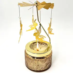 Supplier hot sale gift table decorative merry-go-round shape golden rotating candle holder set with glass candle jar