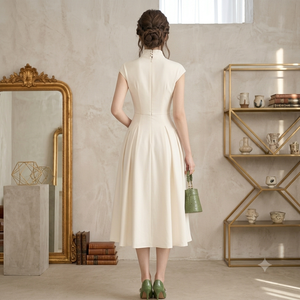 Robe Midi Fille en Gros, Romantique et Douce, Couleur Abricot Unie, Col en V Torsadé à l'Avant, Manches Courtes, Taille Naturelle, Idéale pour le Quotidien et les Fêtes - Product Image 5