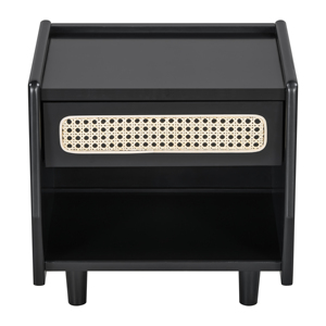 Black Nightstand With Rattan Detail MDF Solid Wood Modern Bedroom <b>Storage</b> <b>Open</b> Shelf Drawer Indoor Furniture - Product Image 4
