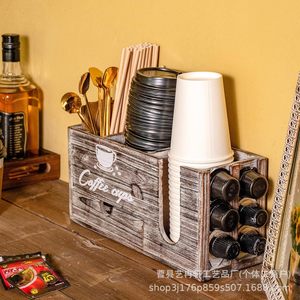Estante de madera para almacenamiento de cápsulas de café con cajón para tazas, bolsitas de té, jarabe, organizador de escritorio, 30,5x11,5x15cm, estilo rústico - Product Image 3
