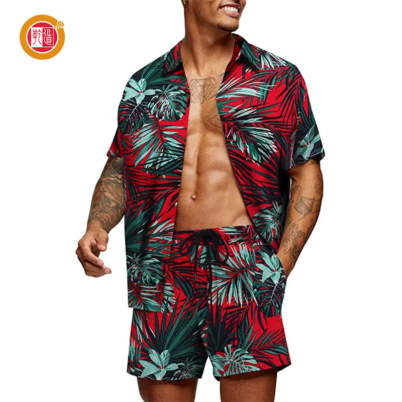 Custom Men's Flower Shirt Cotton Hawaiian Sets Casual Button Down Short Sleeve Shirt