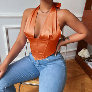 Solid <strong>Satin</strong> Cropped Tied <strong>Halter</strong> Purple Top Sleeveless Brand New Mix Bales Clothes Women Sexy Tank Crops Corset Tops - Product Image 5