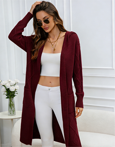 Cárdigan largo con capucha para mujer, color burdeos, de punto, con bolsillos, corte holgado, de secado rápido, para otoño - Product Image 5