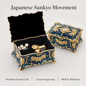 Caja de Música Ornamentada con Esmalte Azul, Aleación de Zinc, Movimiento Japonés Sankyo, Filigrana Dorada, Cristal Floral, Joyería, Decoración para el Hogar, Regalo Coleccionable - Product Image 1
