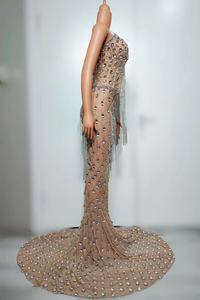 A8621 gaun Maxi pernikahan wanita, produsen pakaian gaun malam kustom Prom mewah berlian imitasi manik-manik bola ekor tumbuh - Product Image 3