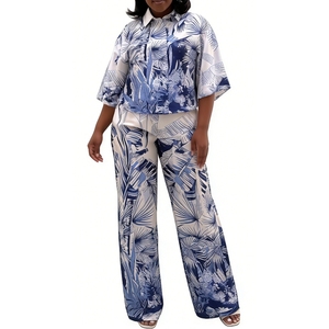 Women's Tropical Print 2 Piece Set - 3/4 Sleeve Button <b>Down</b> Shirt & Wide Leg <b>Pants</b> African Women Sets Fashion - Product Image 1