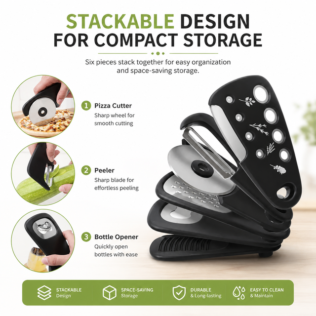 Smartpan Sustainable 6-in-1 Home Kitchen Multitool Set-Compact Portable Dishwasher Safe PP Gadget Grater Peeler Bottle Opener
