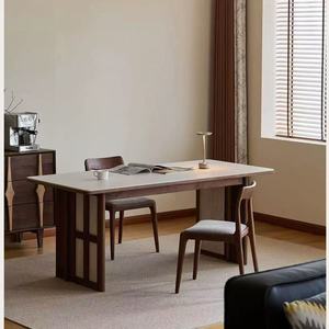 Table à manger en travertin romain, plateau en bois massif noyer noir, rectangulaire, 120x60x75 à 220x90x75, mobilier de salle à manger stable - Product Image 1