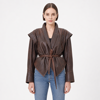Blouson en peau de mouton véritable pour femme, anti-rides, écologique, avec ceinture, col rabattu, manches longues, court, automne