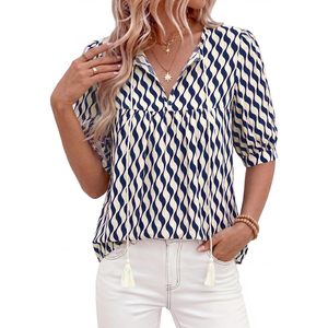 Chemisier d'été bohème pour femme, en mousseline respirante, à nouer devant, col en V, imprimé, coupe ample, manches courtes, style paysanne, tenue de vacances - Product Image 4