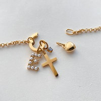 Gelang Rantai O-Link Baja Tahan Karat Berlapis Emas 14K Wanita, Gelang Pesona Huruf F Hati Salib Zirkon Biru, Perhiasan Emanco
