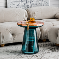 Table basse moderne en métal avec base en verre miroir bleu coloré pour salon